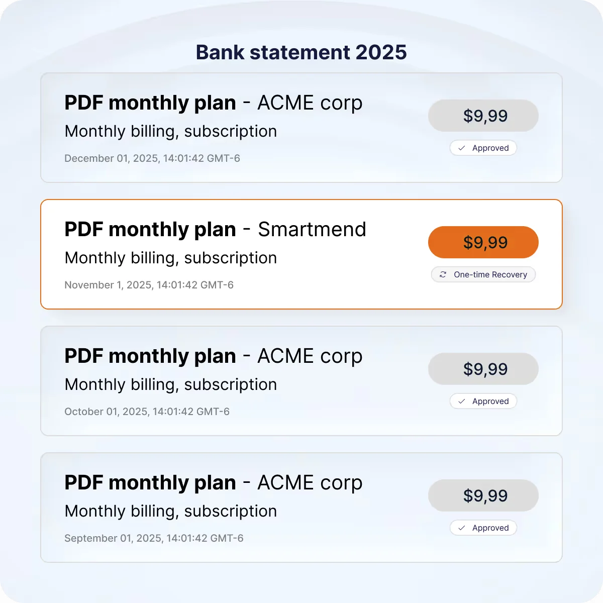 Bank statement showing a one-time Smartmend recovery.